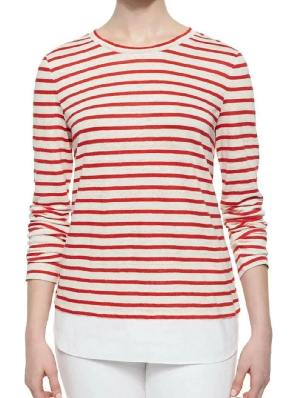 Tory Burch Res Striped Linen Jersey Long Sleeved Crew Neck Pullover, size Large